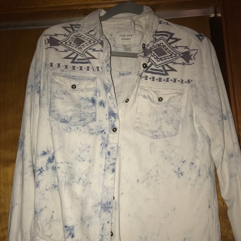 Distressed denim button down